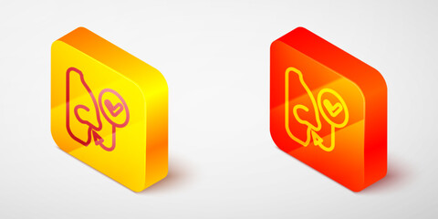 Sticker - Isometric line Healthy breathing icon isolated on grey background. Breathing nose. Yellow and orange square button. Vector