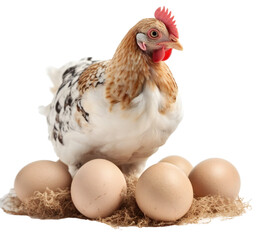 A caring chicken sitting on a nest with eggs. The chicken has soft and fluffy feathers. A symbol of abundance and vitality. Isolated on transparent background. KI.