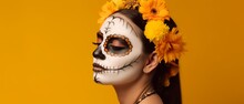 Portrait Of A Woman Wearing Day Of The Dead Costumes And Skull Makeup On Yellow Background, Generative Ai