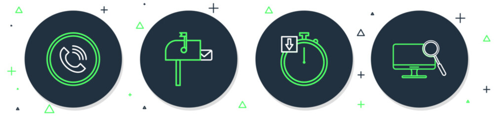 Poster - Set line Open mail box, Stopwatch, Phone call and Computer monitor diagnostics icon. Vector
