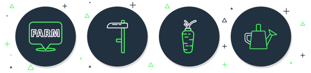 set line scythe, carrot, location farm and watering can icon. vector
