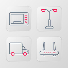 Canvas Print - Set line Router and wi-fi signal, Delivery cargo truck, Street light and Microwave oven icon. Vector