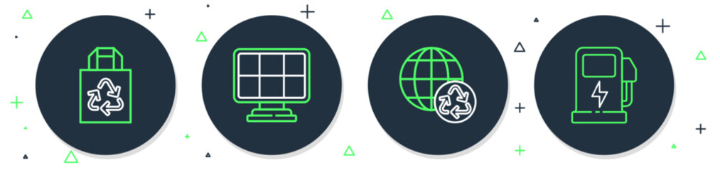 Wall Mural - Set line Solar energy panel, Planet earth and recycling, Paper bag with recycle and Electric car charging station icon. Vector