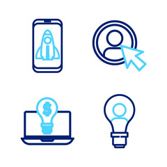 Poster - Set line Head with lamp bulb, Light dollar on laptop, Create account screen and Startup project concept icon. Vector
