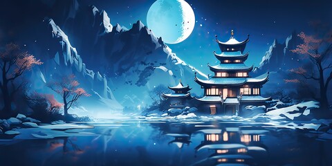 Wall Mural - AI Generated. Asian chinese cartoon style blue colors pagoda temple tower landscape. AI Generative. Graphic Art