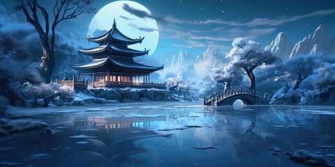 Wall Mural - AI Generated. Asian chinese cartoon style blue colors pagoda temple tower landscape. AI Generative. Graphic Art