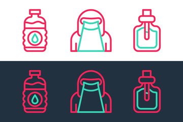 Sticker - Set line Perfume, Bottle of water and Muslim woman in niqab icon. Vector