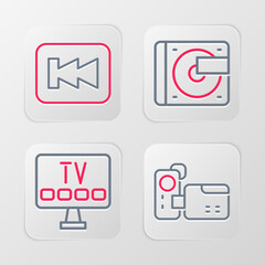 Poster - Set line Cinema camera, Smart Tv, Vinyl player with vinyl disk and Rewind button icon. Vector