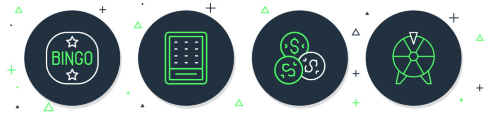 Sticker - Set line Lottery ticket, Casino chip with dollar, Bingo and Lucky wheel icon. Vector