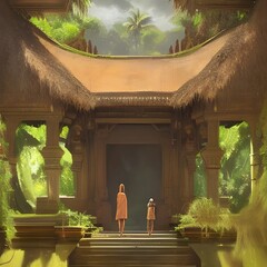 Wall Mural - Painting digital art, temple with people 