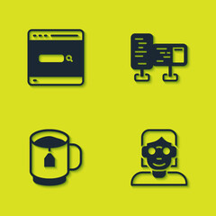 Poster - Set Search engine, Hacker or coder, Cup of tea with tea bag and Computer monitor screen icon. Vector