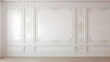 © Prasanth - White wall with classic style mouldings and wooden floor, empty room interior.