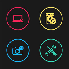 Poster - Set line Photo camera service, Crossed screwdriver and wrench, Washer and Laptop icon. Vector