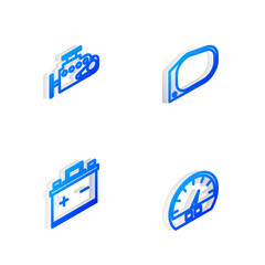 Sticker - Set Isometric line Car mirror, engine, battery and Speedometer icon. Vector