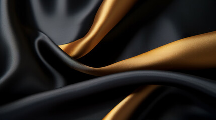 Gold and black silk satin fabric texture background wallpaper with sweeping ripples and folds. A.I. generated.