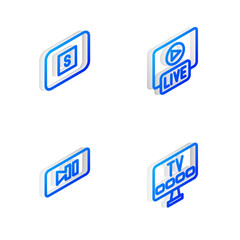 Poster - Set Isometric line Live stream, Stop media button, Pause and Smart Tv icon. Vector
