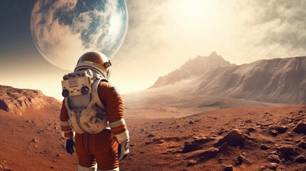 Wall Mural - an astronaut standing on the surface of mars, with the planet's rugged red landscape visible in the 