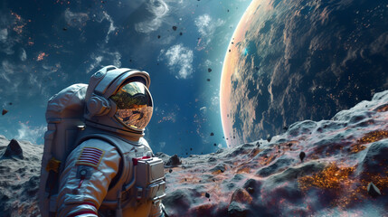Wall Mural - an astronaut standing on the surface of planet, with the planet's rugged red landscape visible in th