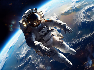 futuristic astronaut in an open space environment with planet earth in the background. the astronaut
