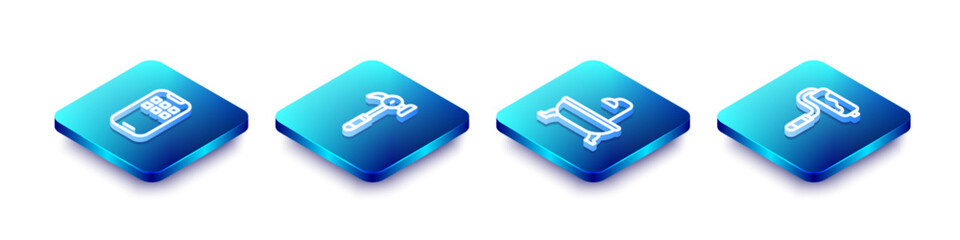 Sticker - Set Isometric line Mobile Apps, Hammer, Bathtub and Paint roller brush icon. Vector