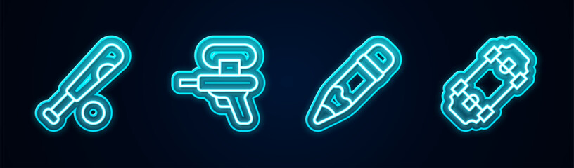 Poster - Set line Baseball bat with ball, Water gun, Pencil eraser and Skateboard. Glowing neon icon. Vector