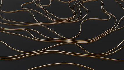 Wall Mural - 3d abstract black background and curvy golden lines. 3d rendering