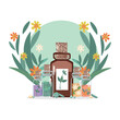 Composition of bottles with medicinal herbs, aromatic oils and herbal tinctures. Herbal medicine. Alternative medicine. Vector illustration for advertising, flyers and social networks.