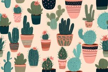Seamless Pattern With Cactus Pot And Flowers 