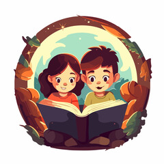 two kid reading fantasy book with light come out enclose circle t shirt print
