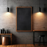 Fototapeta Zachód słońca - Front view blank black menu frame on brick wall with lamp in loft cafe interior, mockup. Generative AI