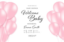Baby Girl Shower Card Invitation, Vector Illustration With Pink Balloons