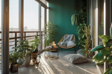 modern minimalistic interior of the balcony, green, white and golden colors. super photo realistic b