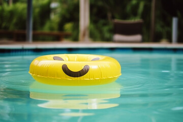 Yellow rubber ring smiling in pool on tropical resort. Generative AI