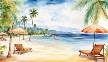 A Breathtaking Watercolor Painting Of A Beautiful Beach Scene. (Generative AI)