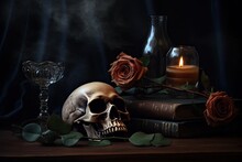 The Gothic Cycle Of Life: A Creepy, Burning Wood With A Rose, Skeleton Head And Glasses - Death, Past And Magic Alchemy In A Macabre Still Life. Generative AI