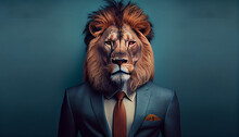 Lion Head On Solid Color Formal Suit With Pant. Solid Color Background. Ai Generated Image