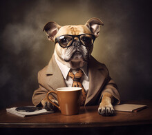 Funny Abstract Portrait Of A Cute Little Dog Doing Business Like A Man And Studying With A Cup Of Coffee. A Dog In The Role Of A Man. Illustration, Generative AI.