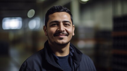 A smiling Hispanic male factory worker standing in warehouse. Generative AI AIG19.