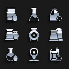 Sticker - Set Oil and gas industrial factory building, Refill petrol fuel location, Antifreeze canister, test tube, and Barrel oil icon. Vector