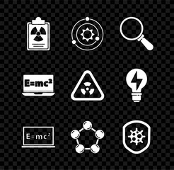 Set Radiation warning document, Solar system, Magnifying glass, Equation solution, Molecule, Shield protecting from virus, and Triangle with radiation icon. Vector