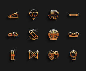 Sticker - Set line Ski and sticks, Skateboard on street ramp, Bicycle trick, Aqualung, and wheel icon. Vector