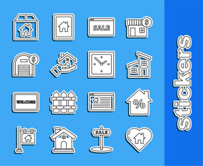 Sticker - Set line House with heart shape, percant discount tag, Hanging sign text Online Sale, Realtor, Warehouse dollar symbol, Cardboard box and Clock icon. Vector