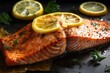 Close-up of a perfectly cooked and seasoned grilled salmon with juicy, side of lemon wedges. Ai generative.