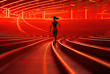 Wall Mural - Athlete woman in red clothes running in red track, ai-generated artwork