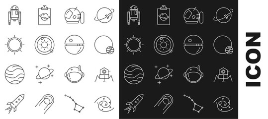 Wall Mural - Set line Black hole, Mars rover, Planet, Astronaut helmet, Solar system, Sun, Robot and Death star icon. Vector