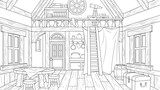 Fototapeta  - Vector illustration, interior of an old fantasy house, book coloring