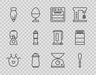 Poster - Set line Kitchen apron, Spoon, Oven, Salt and pepper, Pastry bag for decorate cakes, Pepper, Scales and Open matchbox matches icon. Vector