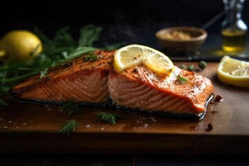 Wall Mural - Close-up of a perfectly cooked and seasoned grilled salmon with juicy, side of lemon wedges. Ai generative.