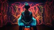 © YuDwi Studio - man sitting on armchair wearing virtual reality headset, digital art style, by ai generative