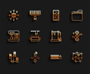 Poster - Set line Computer network, UAV Drone, Social, Keyboard and mouse, Neural, Factory conveyor system belt, DNA symbol and 3D printer icon. Vector